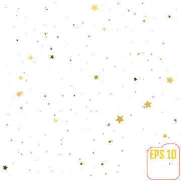 Abstract Background With Many Falling Gold And Silver Stars Confetti. Vector Background