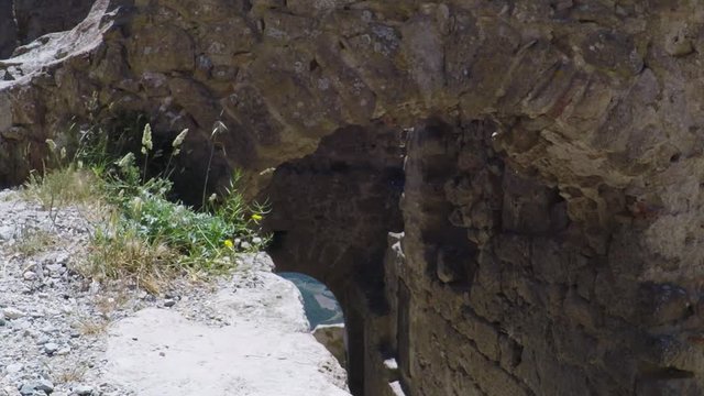 POV. point view of fragment of the wall of Chateau Queribus - one of the cathar castle in the Languedoc, France.