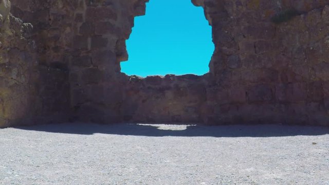 POV. point view of fragment of the wall of Chateau Queribus - one of the cathar castle in the Languedoc, France.