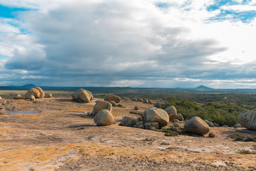 Fototapeta na wymiar The Lajedo de Pai Mateus is a famous rock formation in the caatinga (Brazilian ecoregion) in Cabaceiras, Paraiba, Brazil