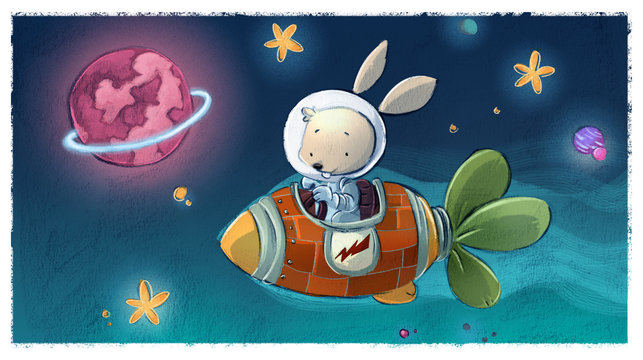 conejo con nave espacial en el espacio