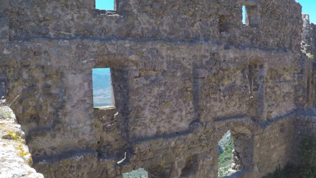 POV. point view of fragment of the wall of Chateau Queribus - one of the cathar castle in the Languedoc, France.