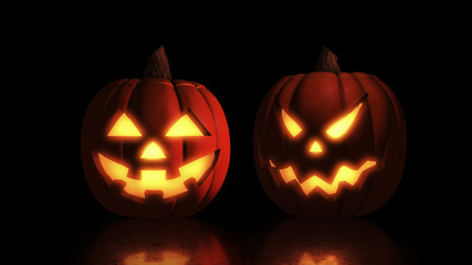 Scary Halloween pumpkins isolated on a black background. Scary glowing faces trick or treat 3d illustration