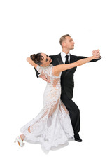 ballrom dance couple in a dance pose isolated on white bachground