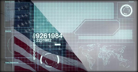 4K Video Of American Flag Behind Internet Security HUD Interface Display. National Cyber Security Concept. - Powered by Adobe