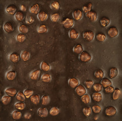 Chocolate background. Milk chocolate with hazelnuts close-up.