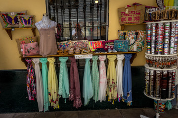 View of a scarfs on display outside a shop in Seville, Spain, Europe