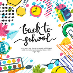 Vector back to school banner, poster background. Hand drawn calligraphy lettering and doodle color school supplies. Education concept.