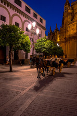 Naklejka na ściany i meble A horse carriage at night in Seville, Spain, Europe