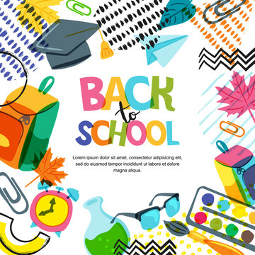 Vector back to school banner, poster background. Hand drawn lettering and doodle color school supplies on white background. Education concept.