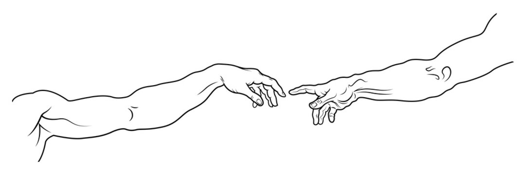 The Creation of Adam. The hand of Man and The hand of God. A section of Michelangelo's fresco Sistine Chapel ceiling painted c.1511. (Long full fragment: detailed vector outline drawing).