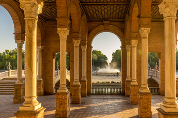 Corridors and pillars in Plaza de Espana in Seville, Spain, Europe