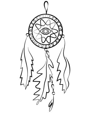 Dreamcatcher. Indian mascot with feathers and amulets from the evil eye. Vector illustration, isolated on white. Ethnic design, boho chic, hipster. Element of design for clothing, interior decoration