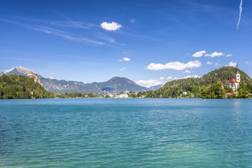 Bled lake Landscape with Marienkirche and castle Travel  Slovenia