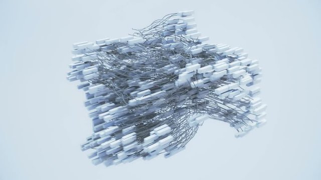 Abstract animation featuring rectangular shapes entangled in a wire mesh.