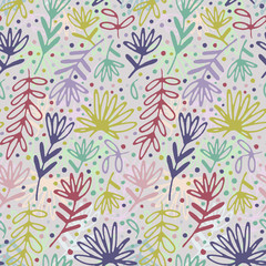 Floral hand drawn seamless pattern. Hand drawn abstract fancy leaves, flowers and grasses. Folk hand drawn style. Summer ornament. Colorful background. Repeatable backdrop.