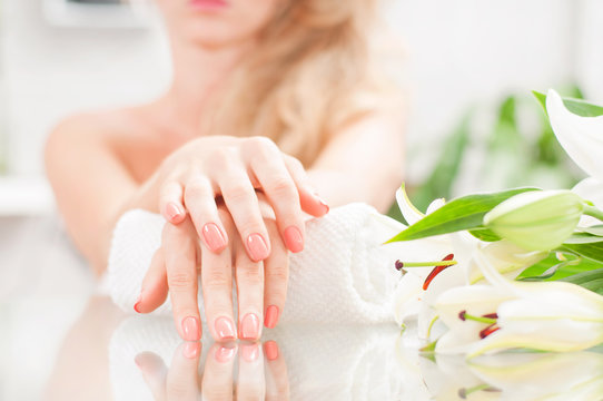 Beautiful woman's nails with french manicure. Фотографія Stock Adobe Stock