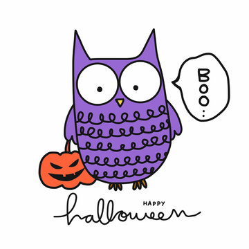 Purple owl with pumpkin happy halloween cartoon vector illustration