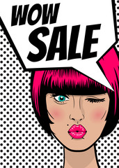 WOW Sale. Pop art sexy woman advertise vintage poster. Comic book text balloon speech bubble. Discount banner vector retro illustration. Girl comic wow face surprised marketing special offer.