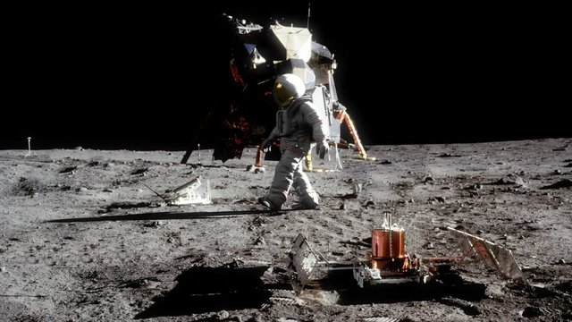 Highly realistic animation of an astronaut walking on the moon.