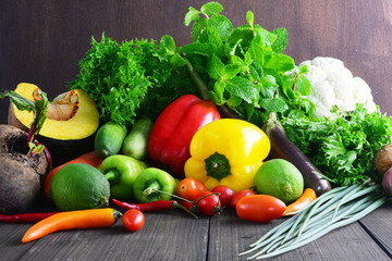 Vegetables on wooden table, Food background.