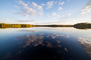 Still lake perfect reflection of sky and clouds