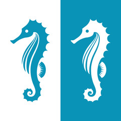 Seahorse silhouette in blue and white colors.