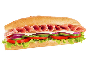 Close up on submarine salami sandwich, isolated on white background.