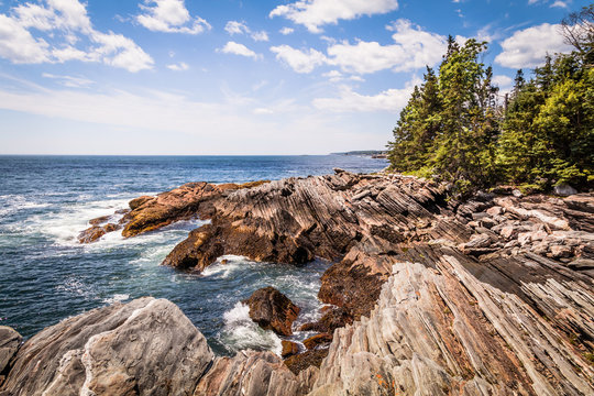 Fototapeta Scenic rocky shoreline in La Verna Preserve in Bristol, Maine, on a beautiful summer day