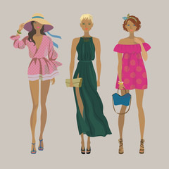 Three young stylish girls. Fashion models. Summer trendy outfits. Vector isolated illustration