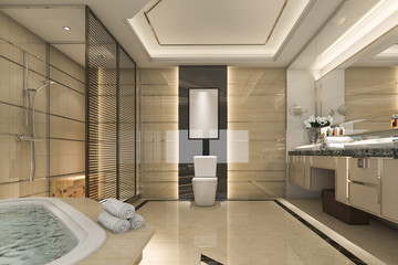 3d rendering modern loft bathroom with luxury tile decor with nice view from window