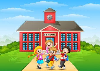 Obraz na płótnie Canvas Happy childrens cartoon in front of school building