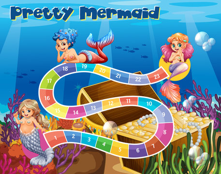 Boardgame template with mermaids underwater