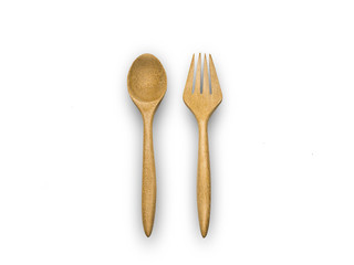 wooden fork and wooden spoon on white isolate.
