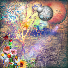 Dreams landscape with enchanted ad colorfull flowers