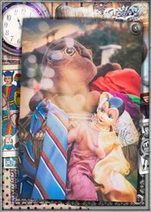  Ancient pierrot with plush and old colored cloths at the background with collage,scraps and clock © Rosario Rizzo