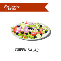 Fresh Greek salad from European cuisine isolated illustration