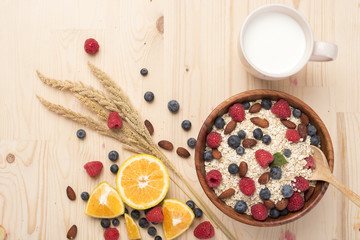 Healthy breakfast ingredients on wood table, Healthy food concept