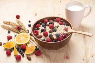 Healthy breakfast ingredients on wood table, Healthy food concept