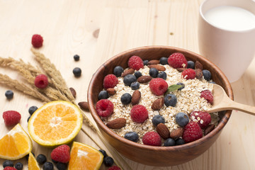 Healthy breakfast ingredients on wood table, Healthy food concept