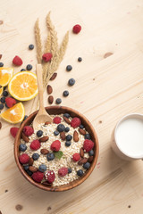 Healthy breakfast ingredients on wood table, Healthy food concept