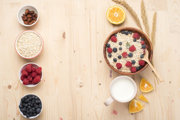 Fototapeta na wymiar Healthy breakfast ingredients on wood table, Healthy food concept