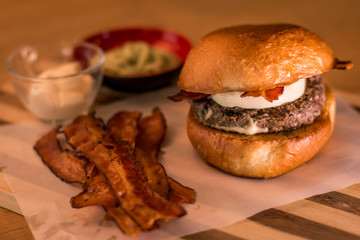 hamburguer artisan in table wood background