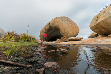 Tourists in Lajedo de Pai Mateus - a famous rock formation in the Caatinga (Brazilian ecoregion) in Cabaceiras, Paraiba, Brazil