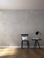 The 3d rendering interior design of black chair living room and concrete wall background 