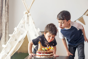 Young boy blowing out birthday candle © Anna