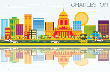 Charleston Skyline with Color Buildings, Blue Sky and Reflections.