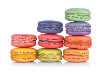 Sweet and colourful french macaroons or macaron on white background, Dessert.