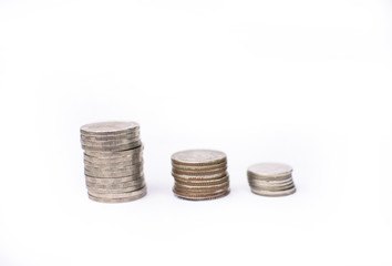 Three stacks Thai coins on white background