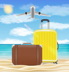 suitcase and travel bag on sea beach background